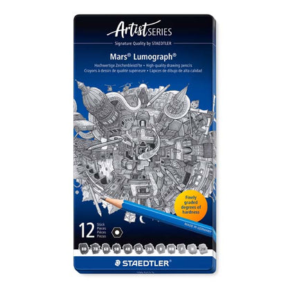 Light Slate Gray Staedtler Mars Lumograph Graphite Pencil Tin, 12Pk Pencils