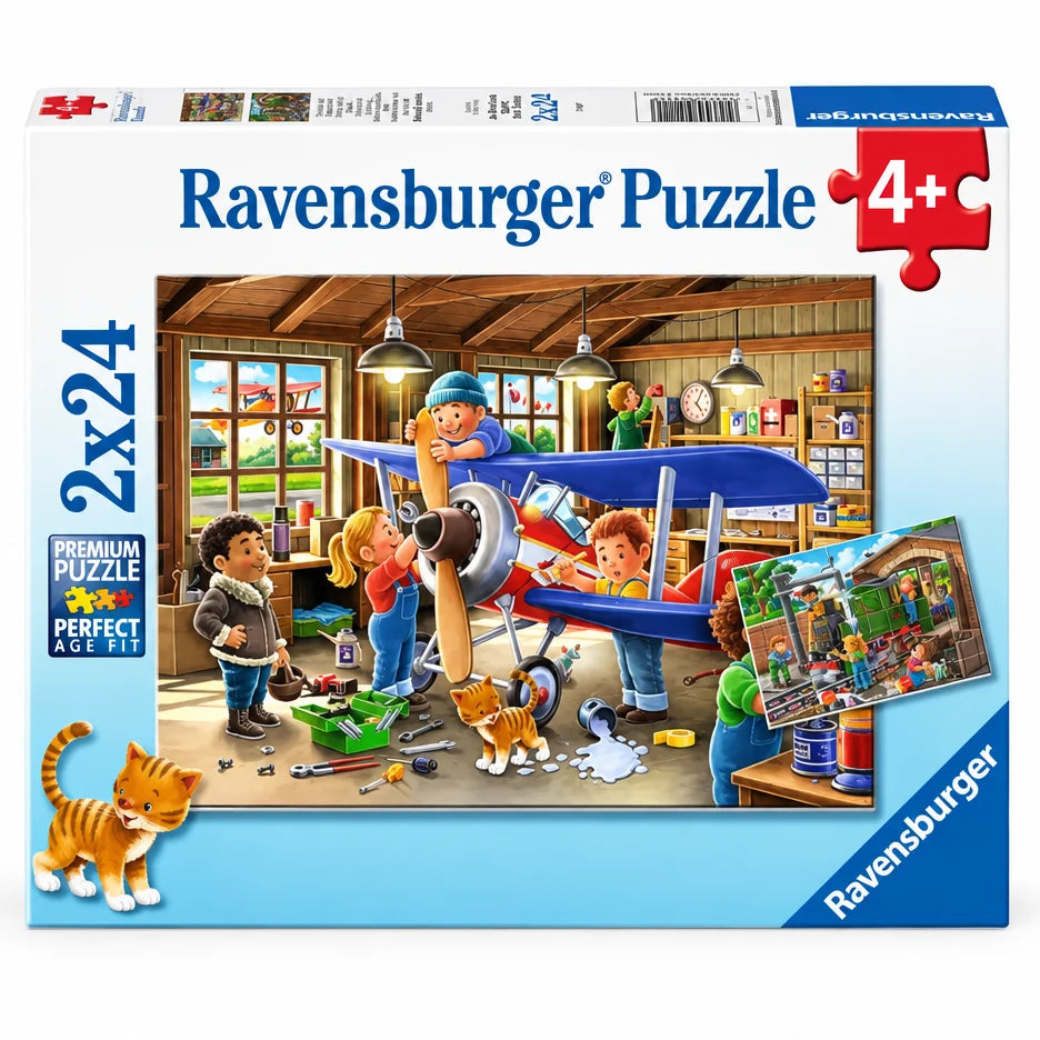 Ravensburger 2x24 piece puzzle box with planes and trains repair artwork, age 4+