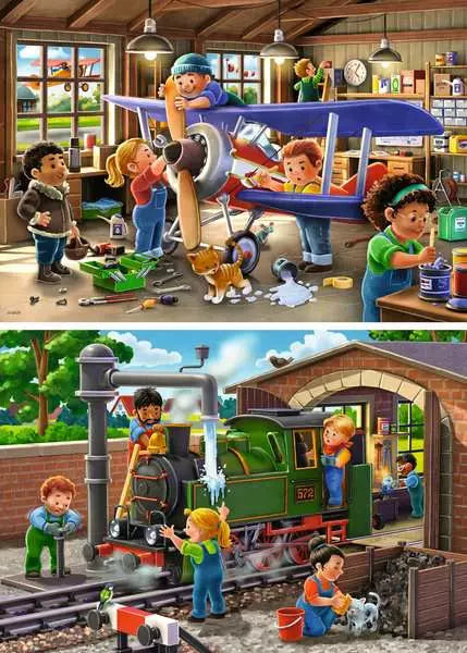 Planes and trains repair puzzle artwork with blue plane scene and green train scene
