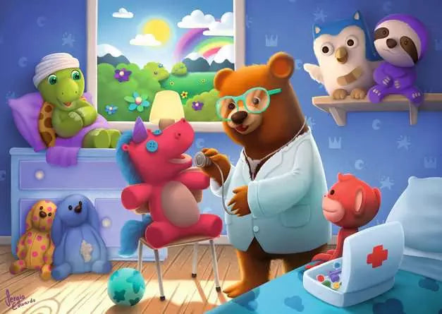 Ravensburger 35-piece jigsaw puzzle artwork, doctor animals with tools and rainbow background
