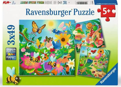 Jigsaw puzzle box with colorful insect artwork and 3x49-piece layout