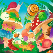 Colorful jigsaw puzzle artwork featuring snails, insects, flowers, and mushrooms