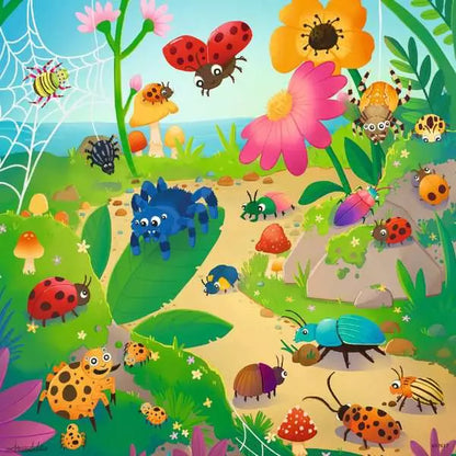 Jigsaw puzzle artwork scene with beetles, ladybugs, butterflies, and wildflowers