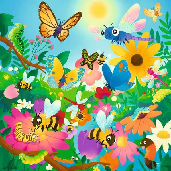 Jigsaw puzzle artwork of bright butterflies, bees, and colorful flowers in a garden