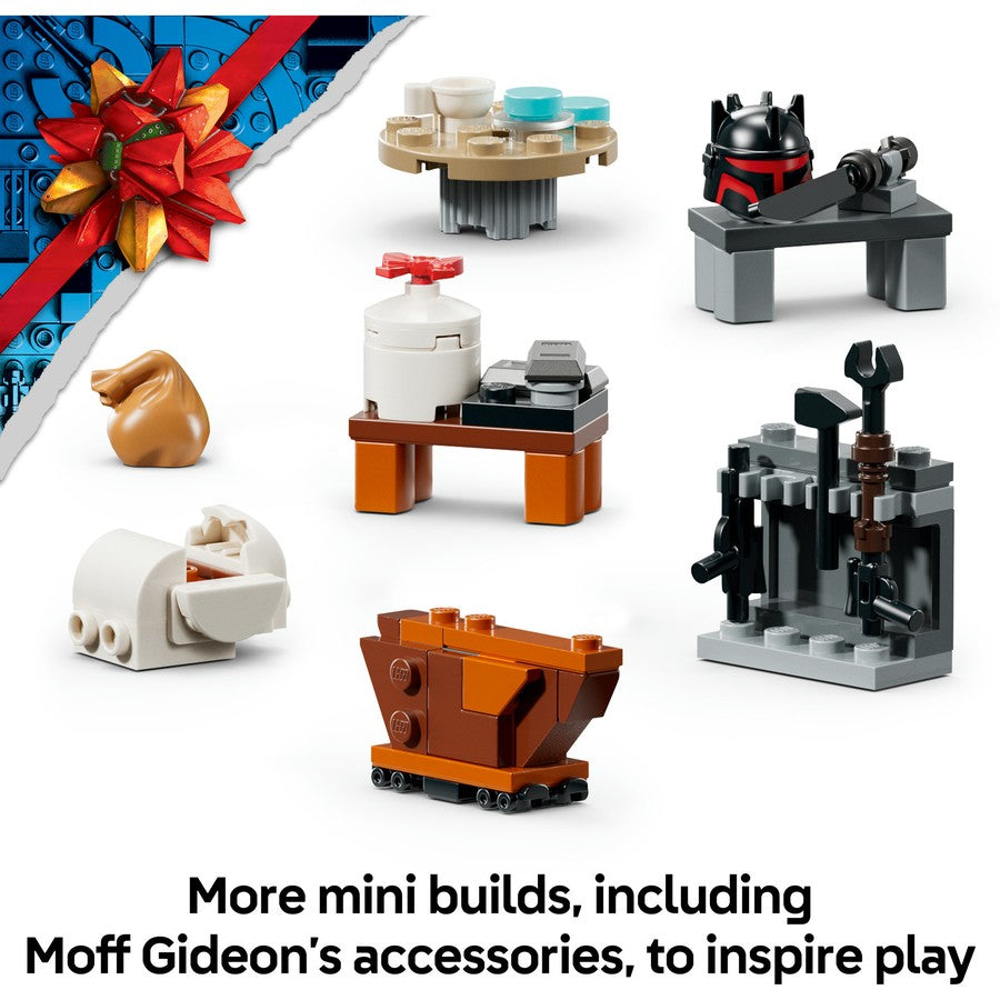 LEGO Star Wars advent calendar accessories with mini builds and Moff Gideon figure