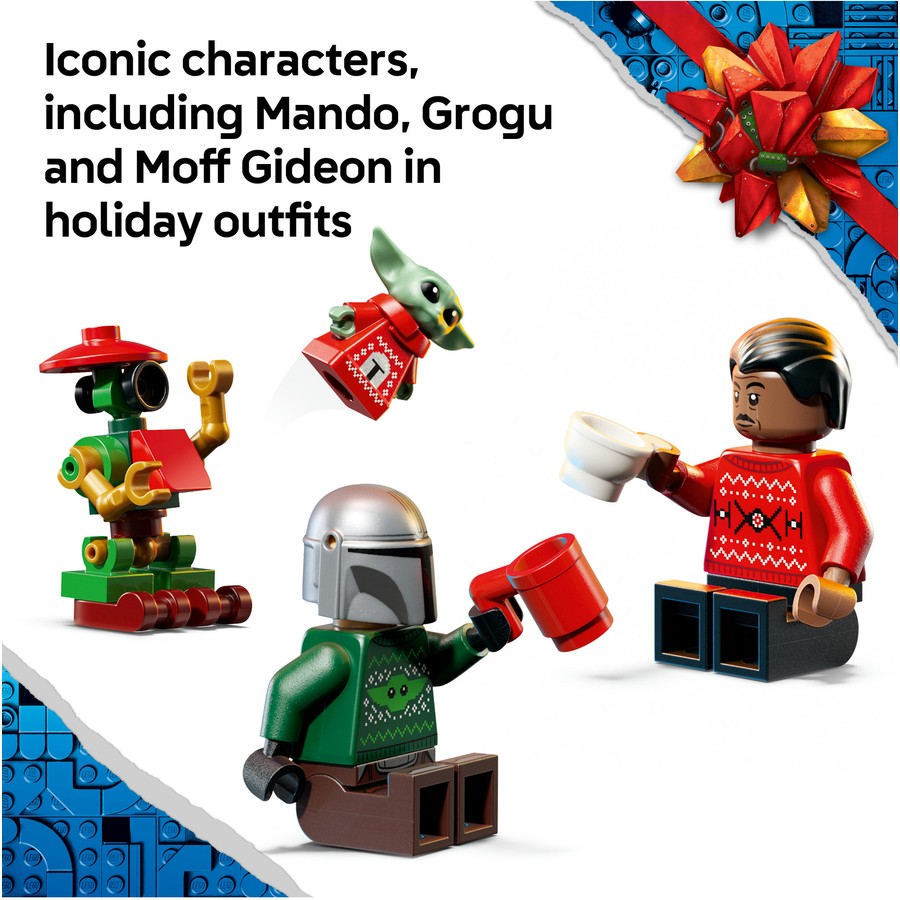 LEGO Star Wars advent calendar figures in holiday outfits, including Mandal and Grogu