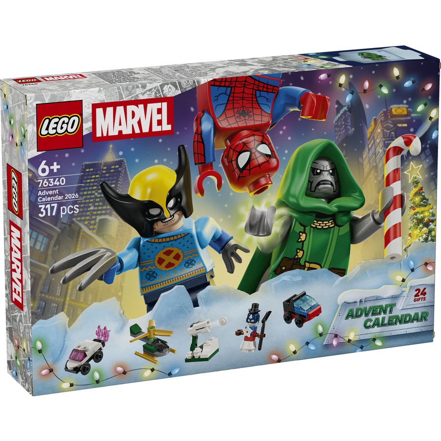 LEGO Marvel advent calendar box featuring Spider-Man and Green Goblin minifigures