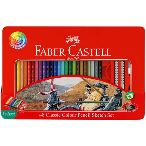 Red Faber Castell Classic colour Pencils, Assorted Colours - Tin of 48 Kids Pencils