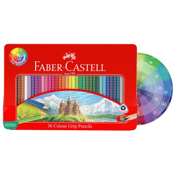 White Smoke Faber Castell Grip Colour Pencils, Assorted Colours - Tin of 36 Kids Pencils