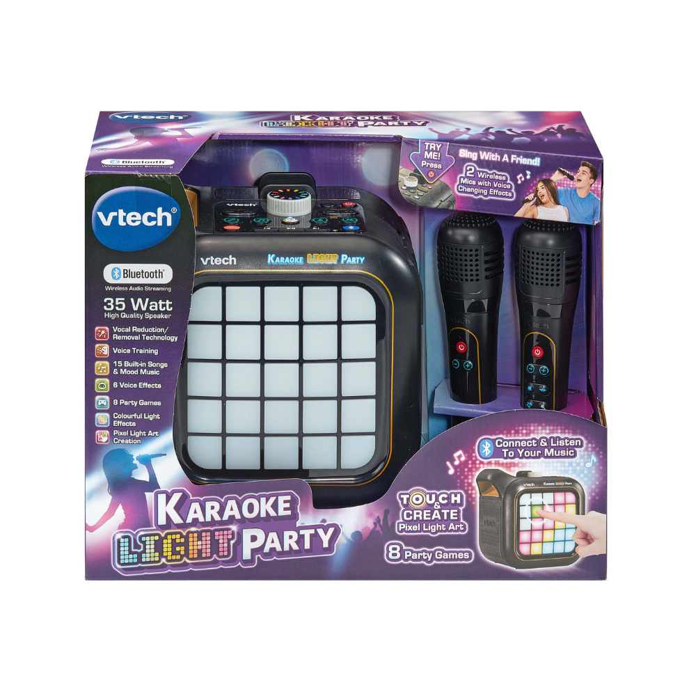 Karaoke light party product box showing speaker with LED grid and microphones