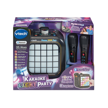 Karaoke light party product box showing speaker with LED grid and microphones
