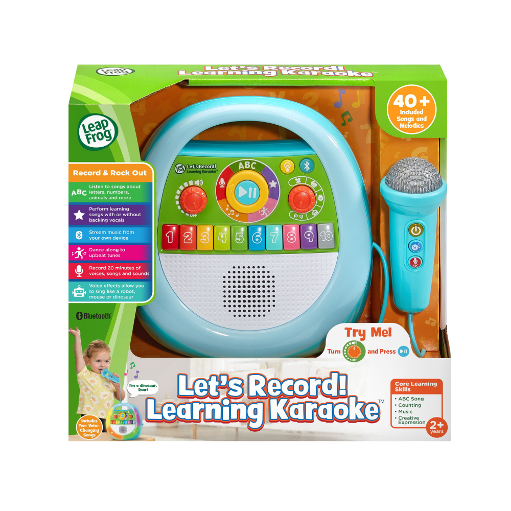 Children's learning karaoke toy record player with speaker, keypad, and handheld mic