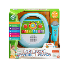 Children's learning karaoke toy record player with speaker, keypad, and handheld mic