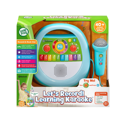 Children's learning karaoke toy record player with speaker, keypad, and handheld mic