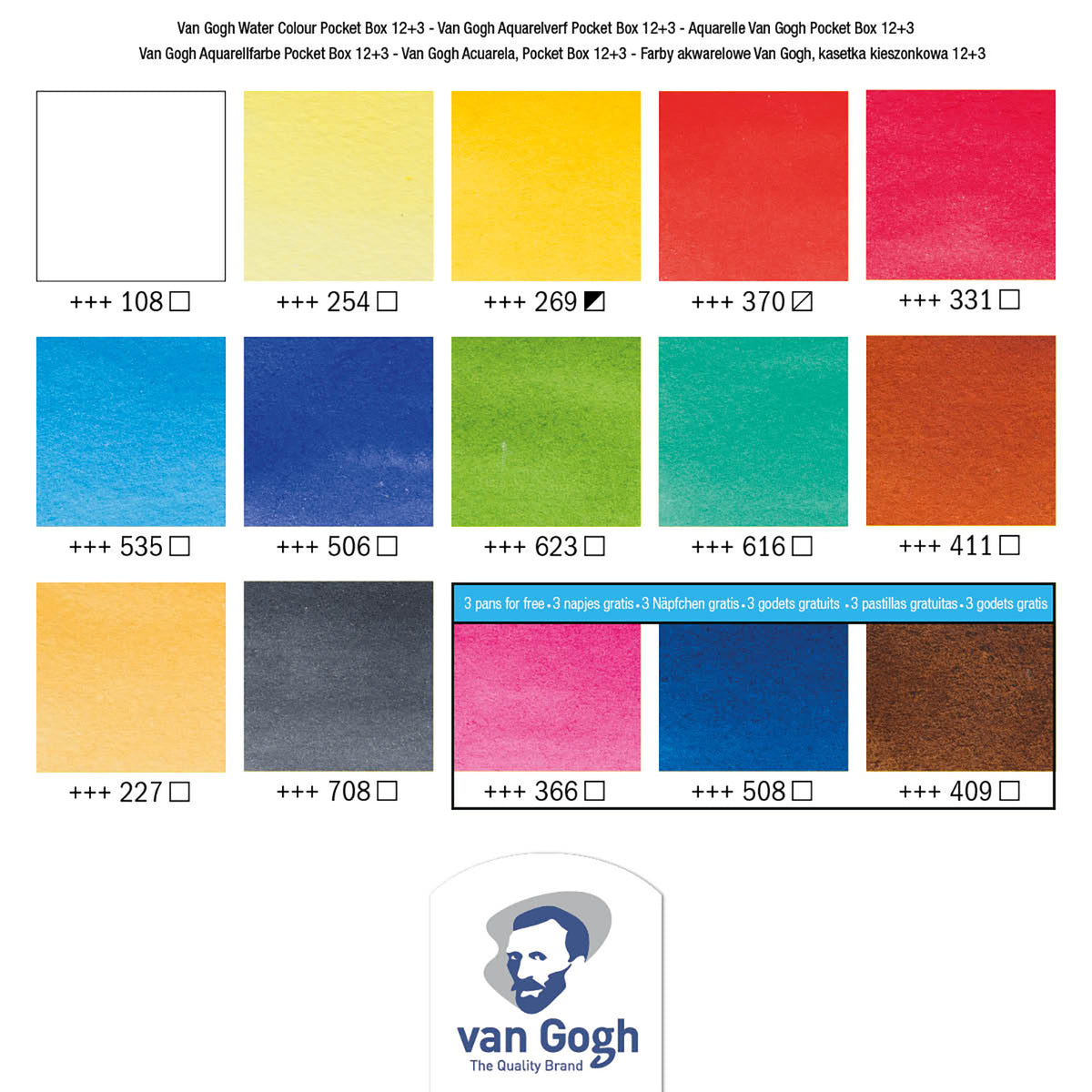 White Smoke Van Gogh Watercolour Plastic 12 (+3 Free) Half Pan Watercolour Paint