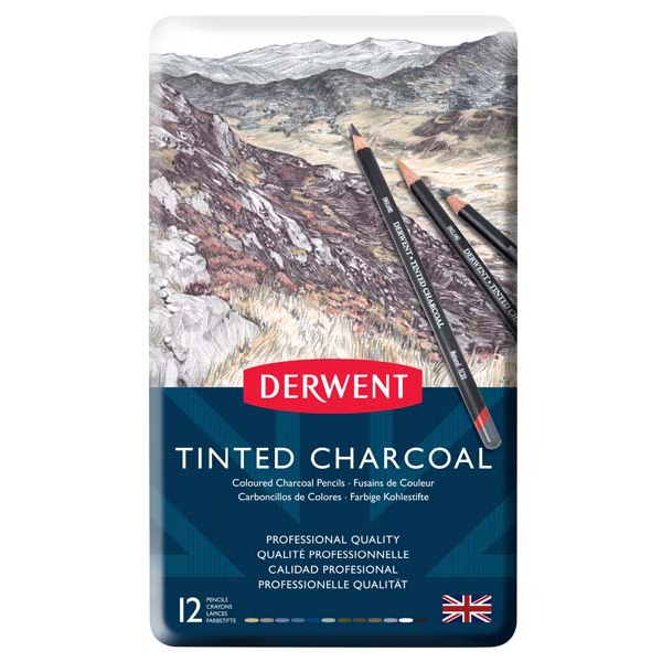 White Smoke Derwent Tinted Charcoal Pencils Tin 12 Pencils