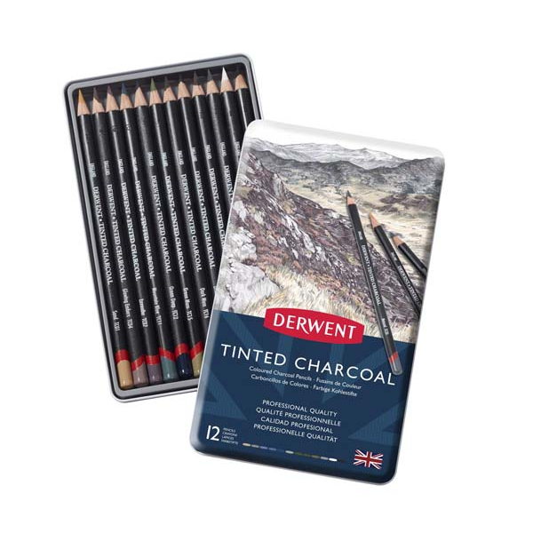 White Smoke Derwent Tinted Charcoal Pencils Tin 12 Pencils