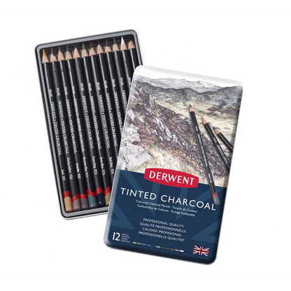 White Smoke Derwent Tinted Charcoal Pencils Tin 12 Pencils