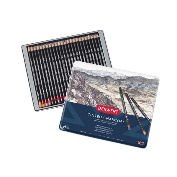 White Smoke Derwent Tinted Charcoal Pencils Tin 24 Pencils