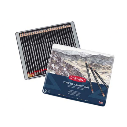 White Smoke Derwent Tinted Charcoal Pencils Tin 24 Pencils