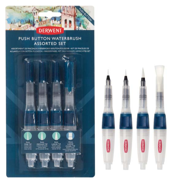 White Smoke Derwent Push Button Waterbrush, Assorted, 4Pcs Paint Brushes
