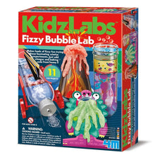 Kids science bubble lab kit box with Fizzy BubbleLab branding and accessories