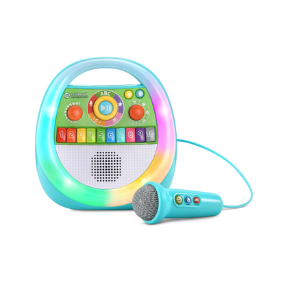 Colorful learning karaoke toy with speaker, number keypad, and handheld microphone