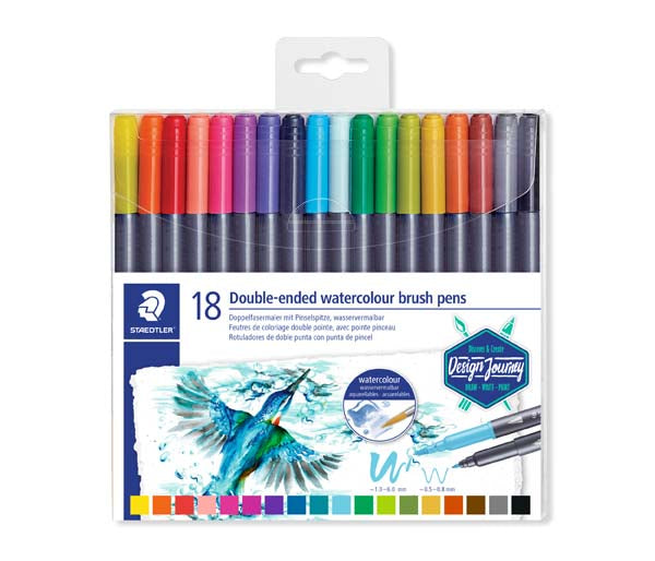 White Smoke Staedtler Design Journey Double-ended Watercolour Brush Pens, Assorted Colours, 18Pk Pens and Markers