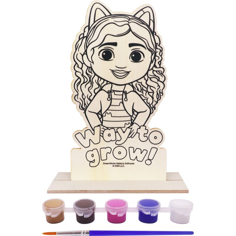 Paint-your-own wooden character with curly-haired girl cutout and 5 paint cups
