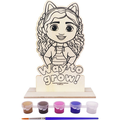 Paint-your-own wooden character with curly-haired girl cutout and 5 paint cups
