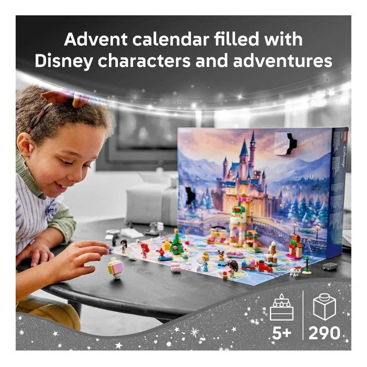 LEGO Disney Princess advent calendar set on table with child assembling pieces