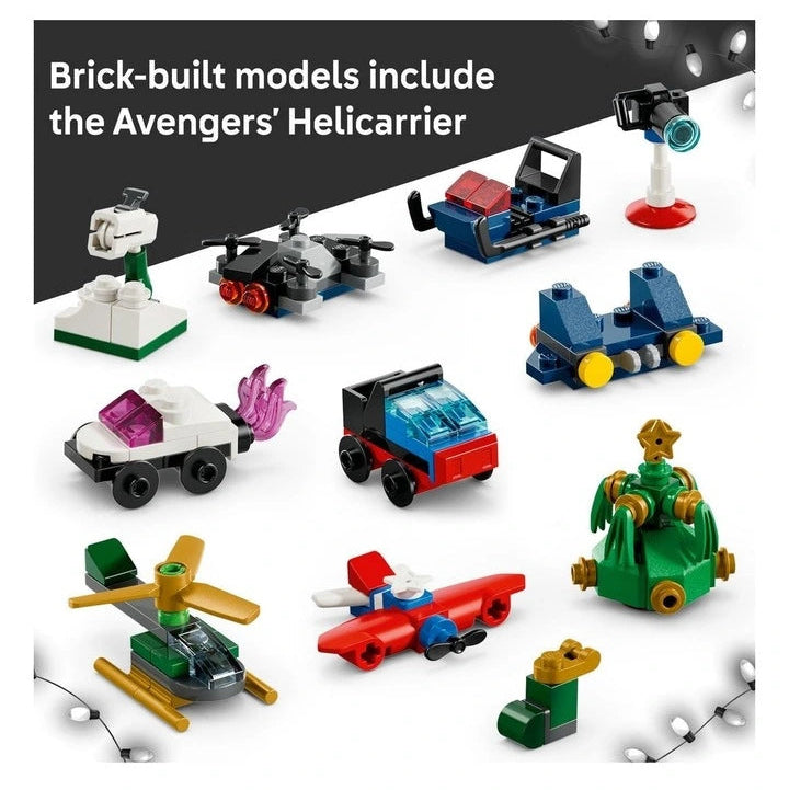 LEGO Marvel advent calendar models with vehicles, a helicarrier, and character minifigures