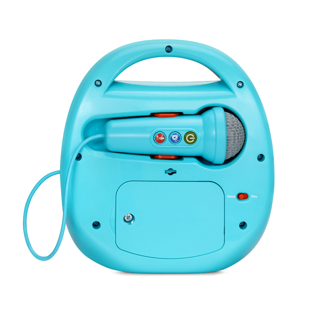 Blue learning karaoke speaker with top handle and built-in mic dock