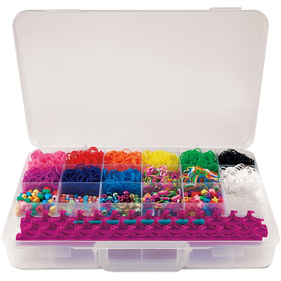 Open rubber band loom kit case with colorful bands and peg board