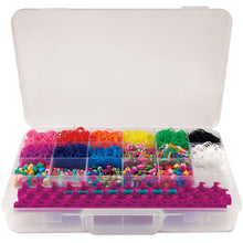 Open rubber band loom kit case with colorful bands and peg board