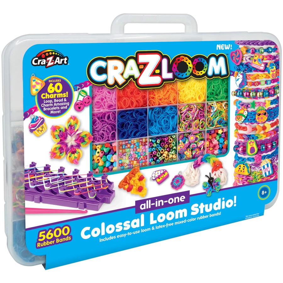 Rainbow rubber band loom jewelry kit in plastic carrying case