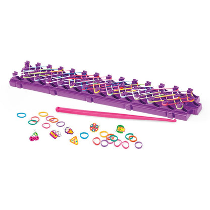Purple rubber band loom board with hook tool and colorful rubber bands