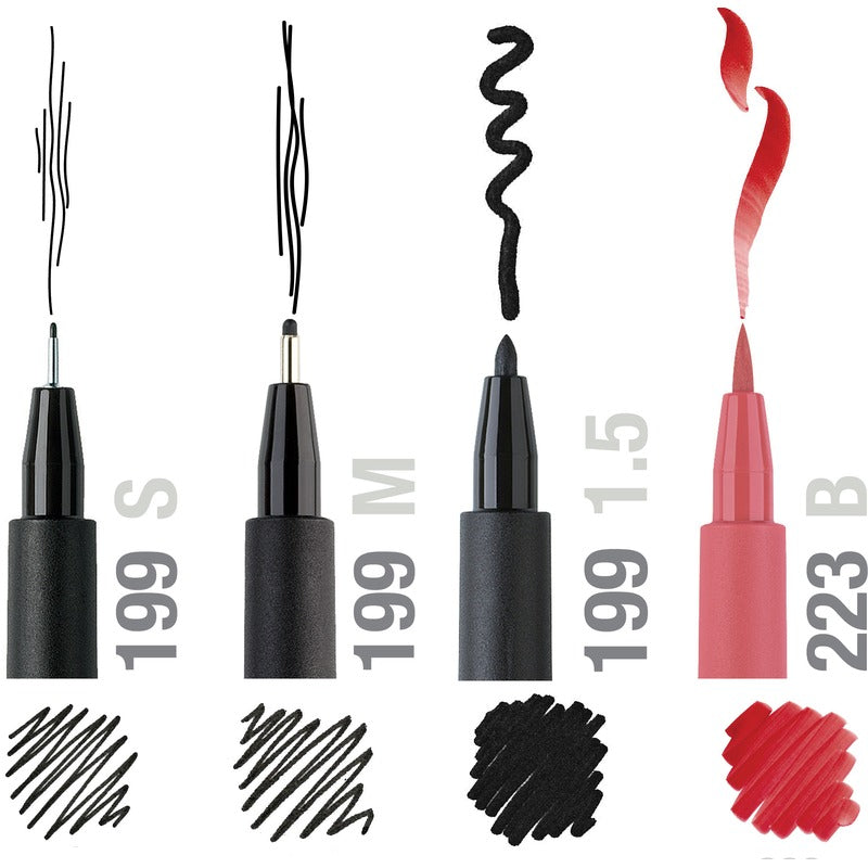 White Smoke Faber-Castell Pitt Artist Pen, Assorted Tips, Red & Black, 4Pk Pens and Markers