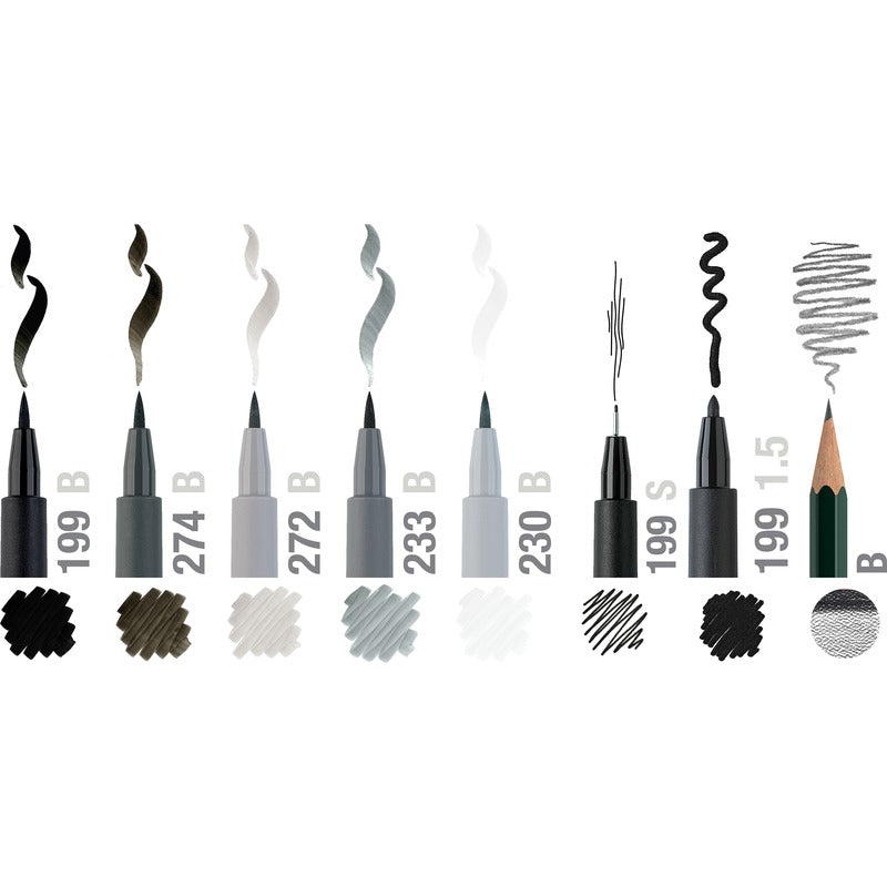 White Smoke Faber-Castell Pitt Artist Pen, Assorted Tips, Black & Grey, 9Pk Pens and Markers
