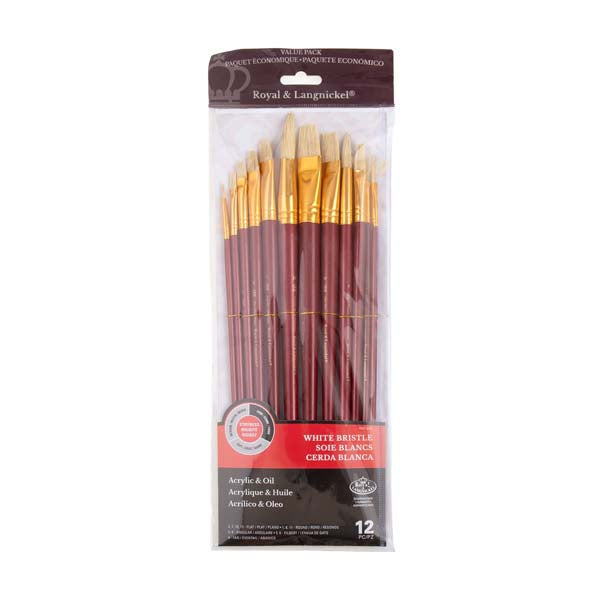 White Smoke Royal & Langnickel 12PC Firm White Bristle Brush Value Pack (Flats/ Rounds/ Angulars) Paint Brushes