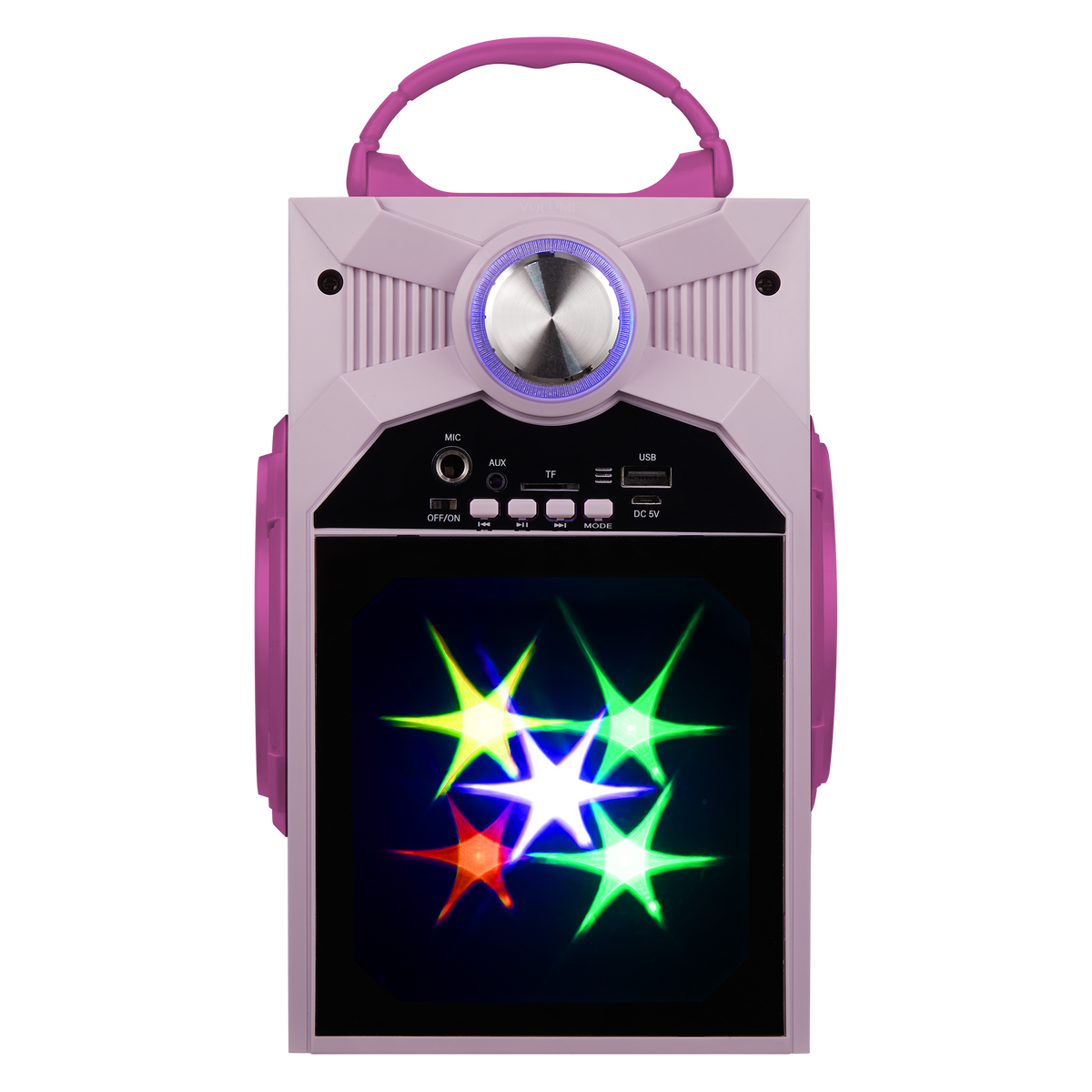 LED karaoke Bluetooth speaker with carry handle and light-up color display