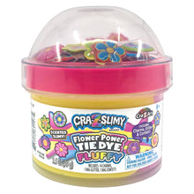 Flower Power tie-dye fluffy slime in a dome-lid jar, pink and yellow base