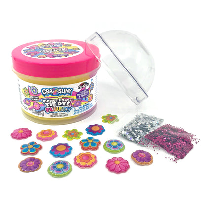 Flower Power tie-dye fluffy slime jar with lid, flower toppers, and glitter pieces