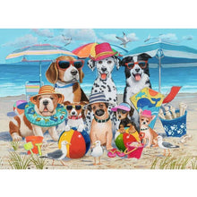 Beach-themed jigsaw puzzle artwork with five dogs, umbrellas and birds