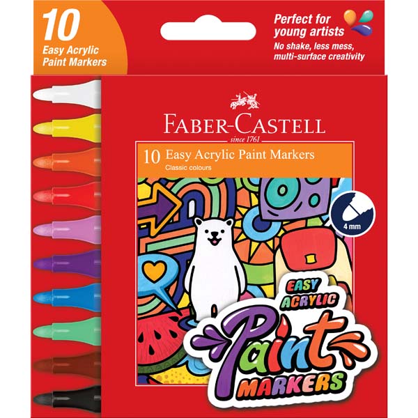 Firebrick Faber Castell Easy Acrylic Paint Markers, Assorted Colours - 10 Pack Kids Markers