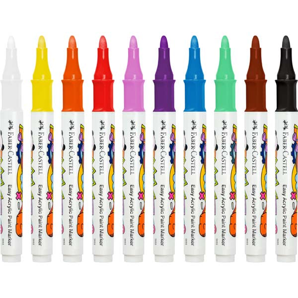 White Smoke Faber Castell Easy Acrylic Paint Markers, Assorted Colours - 10 Pack Kids Markers