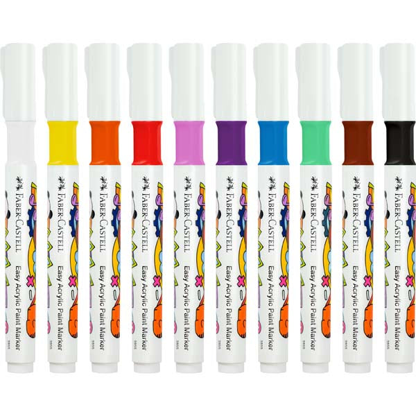 White Smoke Faber Castell Easy Acrylic Paint Markers, Assorted Colours - 10 Pack Kids Markers