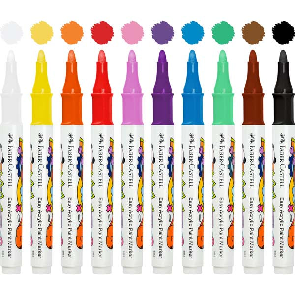 White Smoke Faber Castell Easy Acrylic Paint Markers, Assorted Colours - 10 Pack Kids Markers