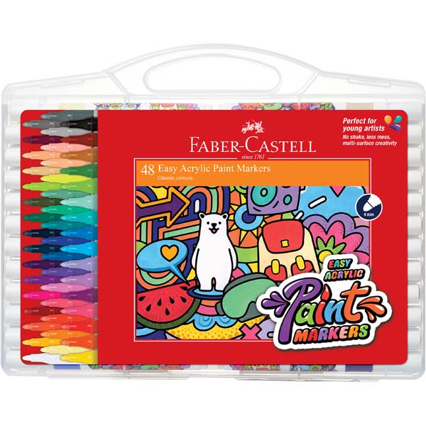 White Smoke Faber Castell Easy Acrylic Paint Markers, Assorted Colours - 48 Pack Kids Markers