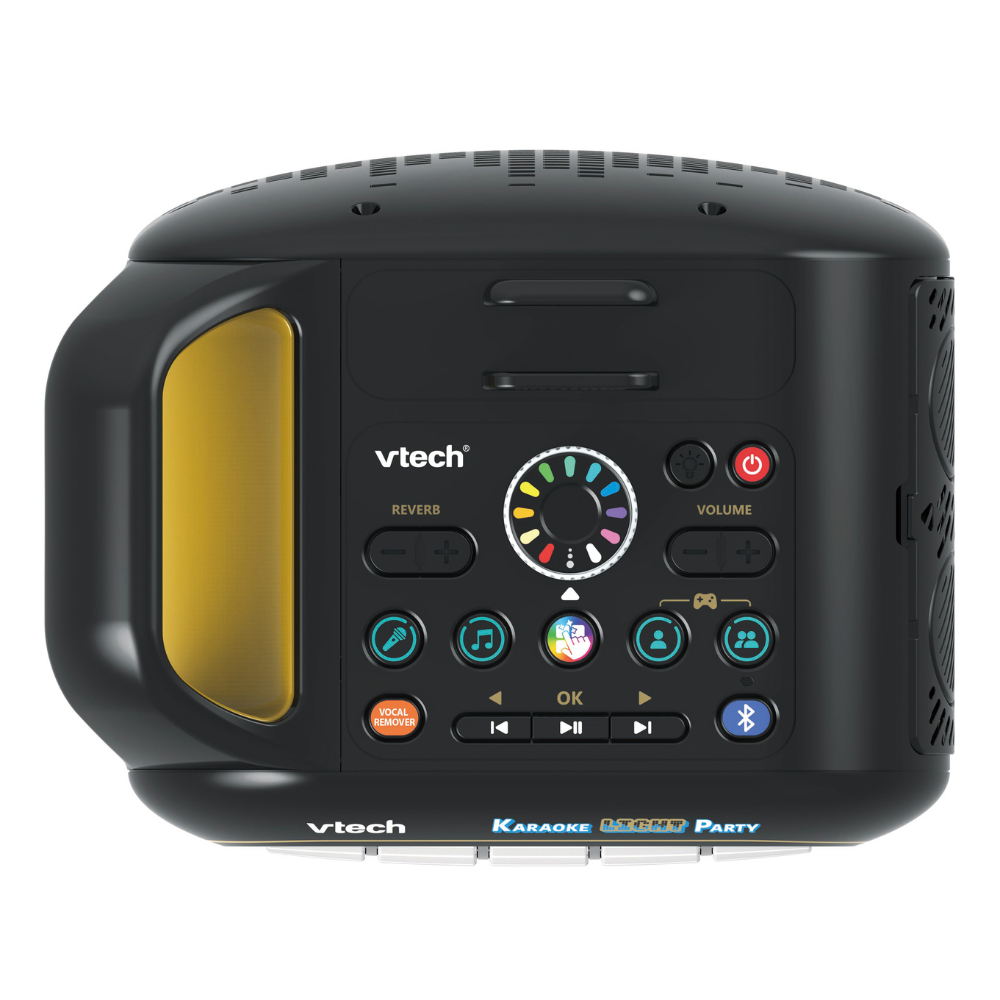 Karaoke light party speaker back panel with volume dial, power, and buttons